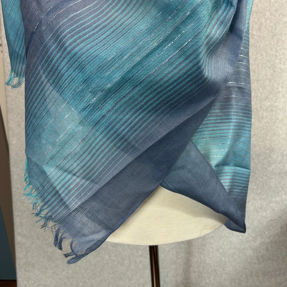 Blue Teal Metallic Silver Stripe‎ Scarf Shawl Fringe 76